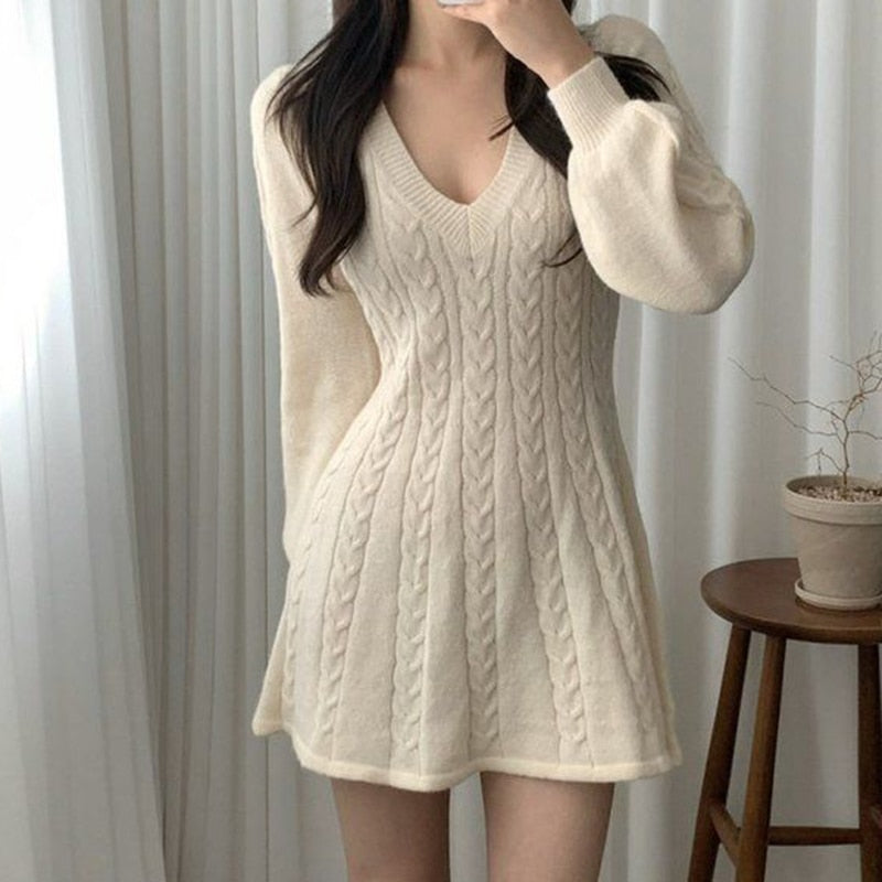 Woman's Solid Mini Dress A-Line Flared Long Sleeves Knitted Dress