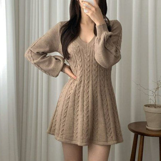 Woman's Solid Mini Dress A-Line Flared Long Sleeves Knitted Dress