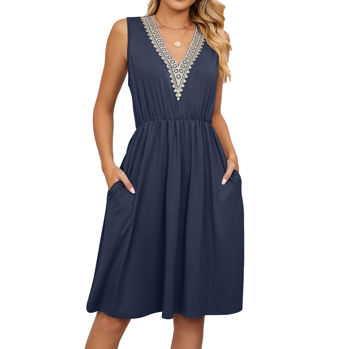 Women Summer Casual Short Sleeve V-Neck Short Party Dress with Pockets