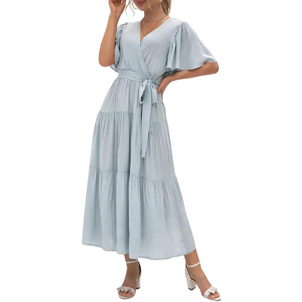 Women's Midi Dress V Neck Short Sleeve Ruffled Hem with Belt