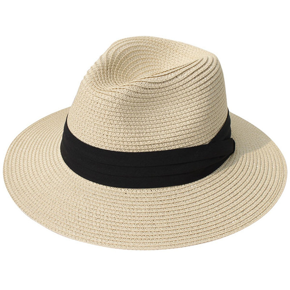 Women Wide Brim Straw Panama Roll up Hat Belt Buckle Beach Sun Hat