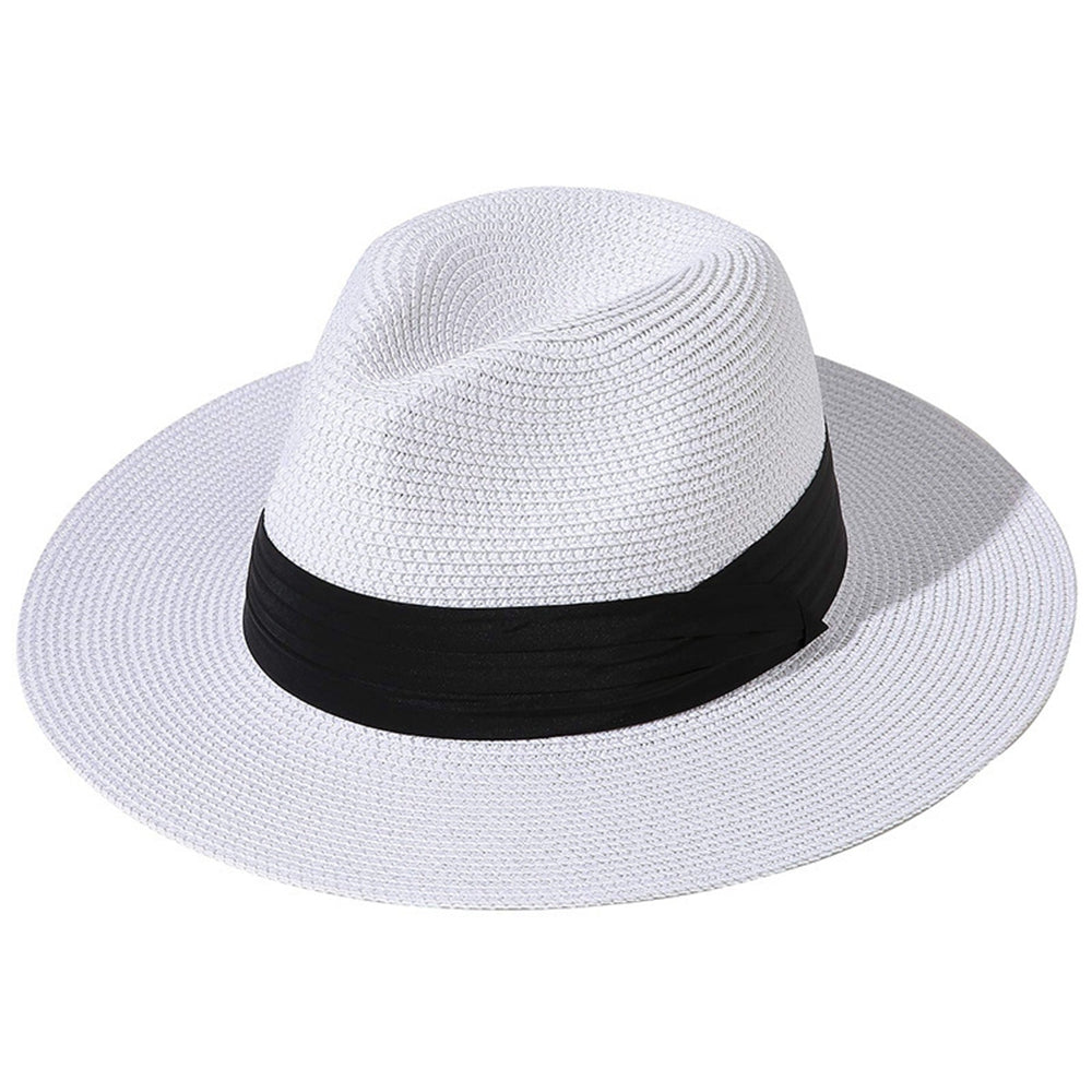 Women Wide Brim Straw Panama Roll up Hat Belt Buckle Beach Sun Hat