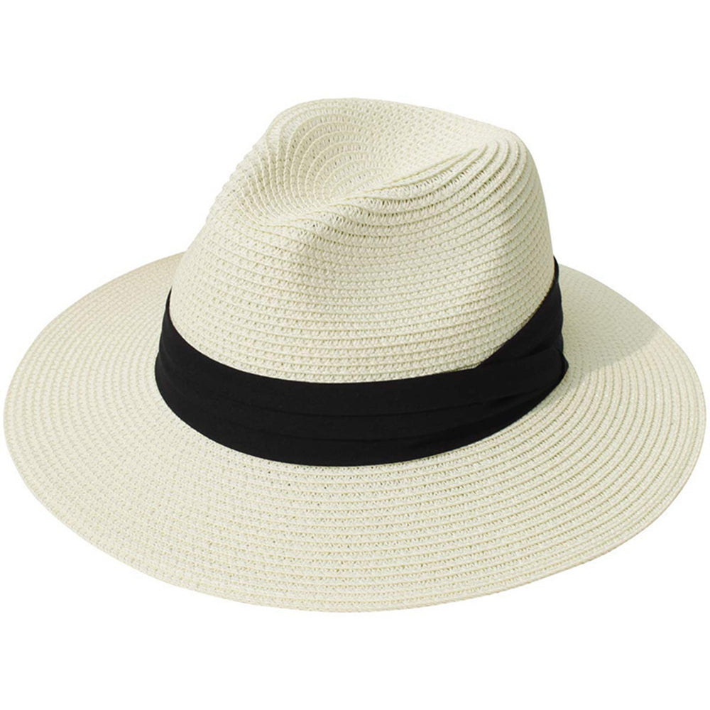 Women Wide Brim Straw Panama Roll up Hat Belt Buckle Beach Sun Hat