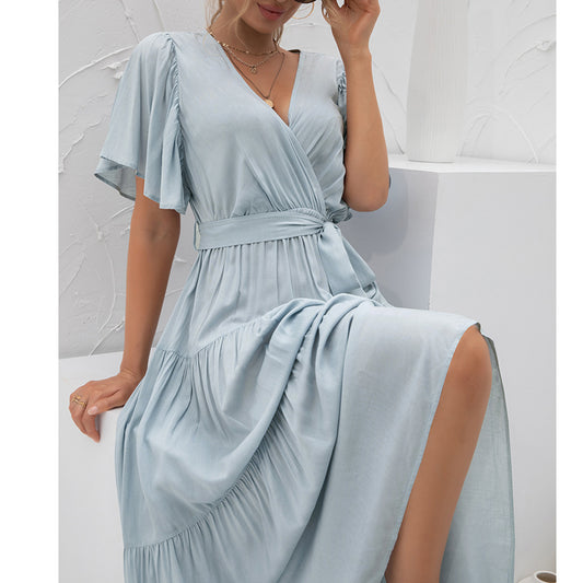 Women's Midi Dress V Neck Short Sleeve Ruffled Hem with Belt