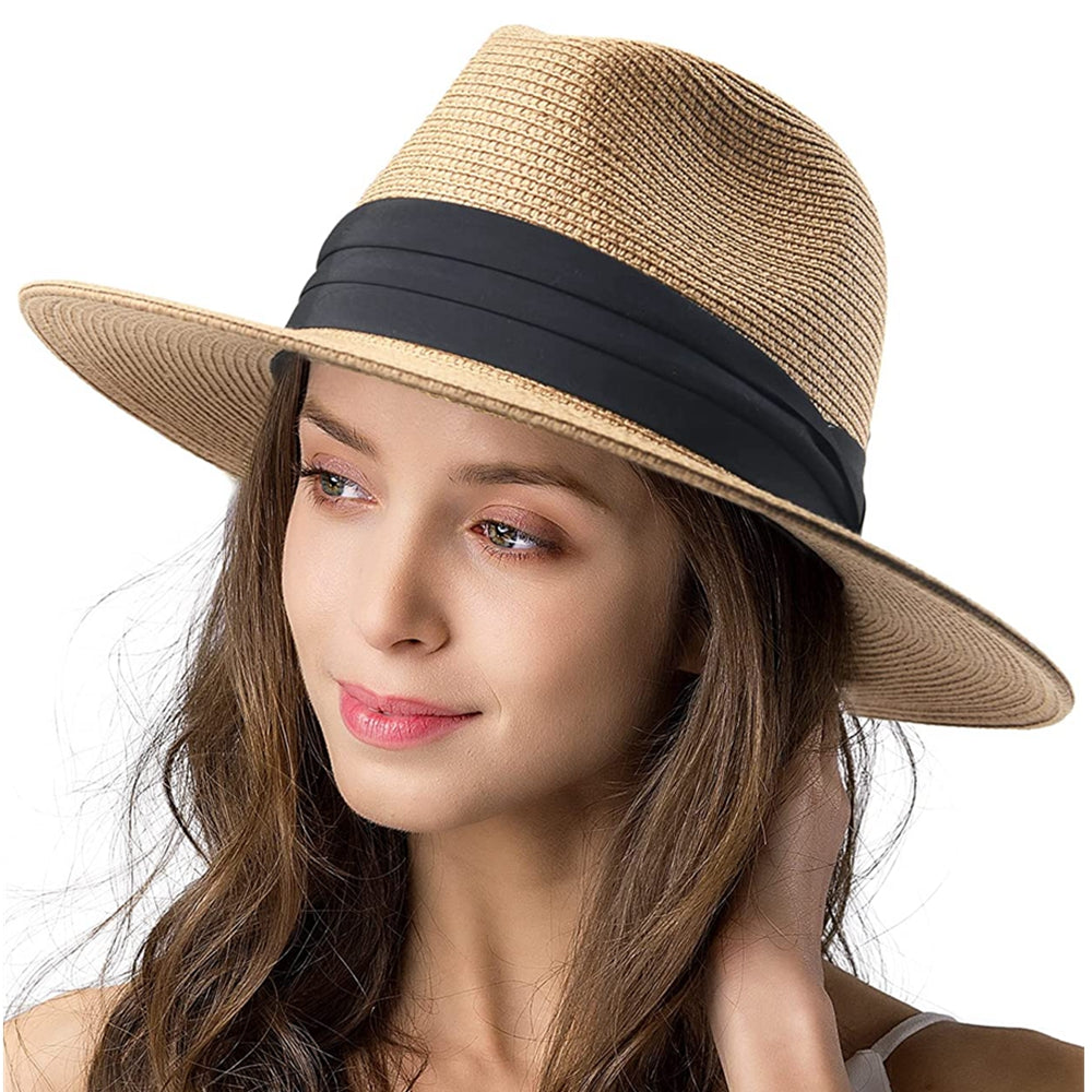 Women Wide Brim Straw Panama Roll up Hat Belt Buckle Beach Sun Hat