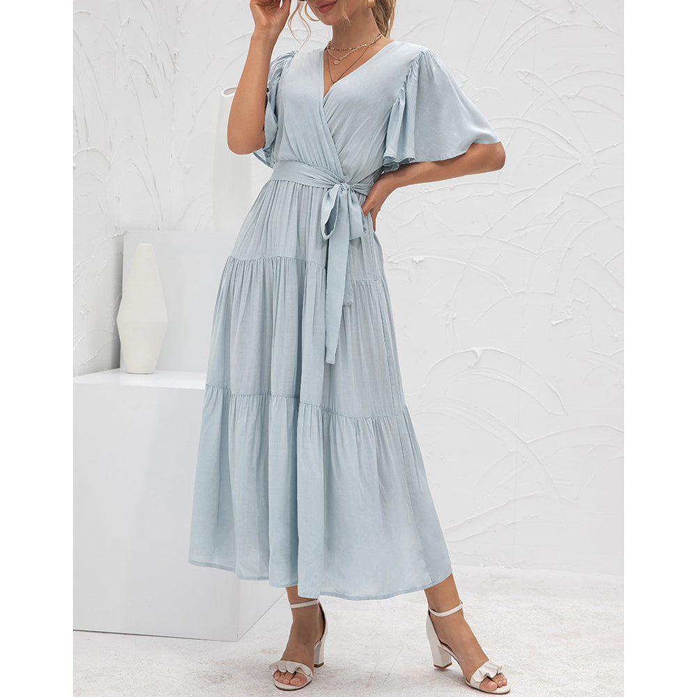 Women's Midi Dress V Neck Short Sleeve Ruffled Hem with Belt