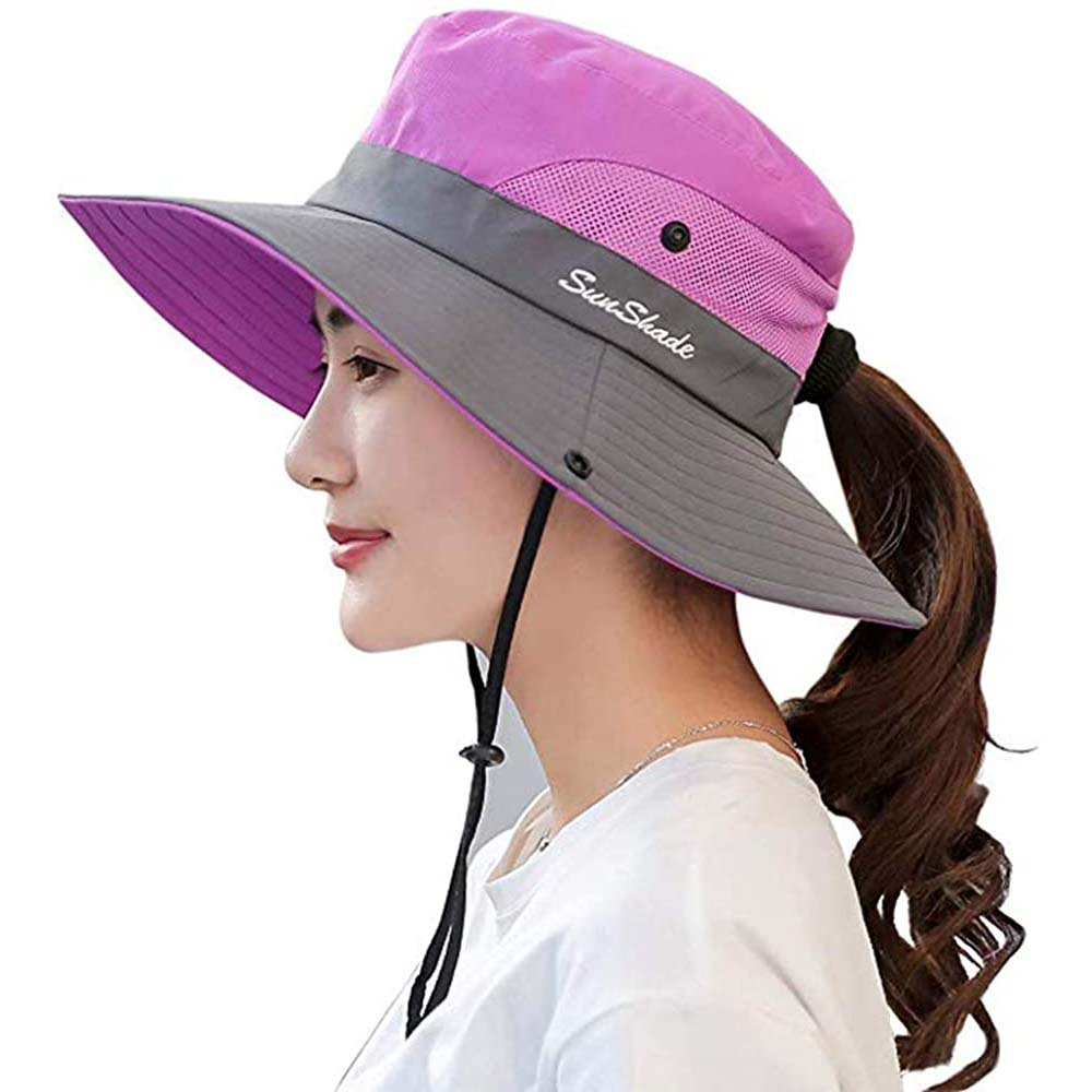 Womens UV Protection Hat Foldable Wide Brim Ponytail Sun Hats