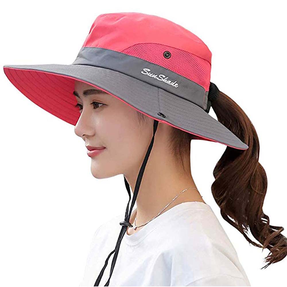 Womens UV Protection Hat Foldable Wide Brim Ponytail Sun Hats