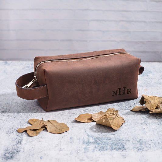 Personalized Leather Mens Toiletry Bag, Hanging Dopp Kit