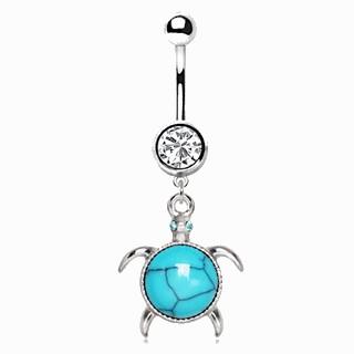 Navel Ring 316L Stainless Steel Turquoise Turtle Dangle