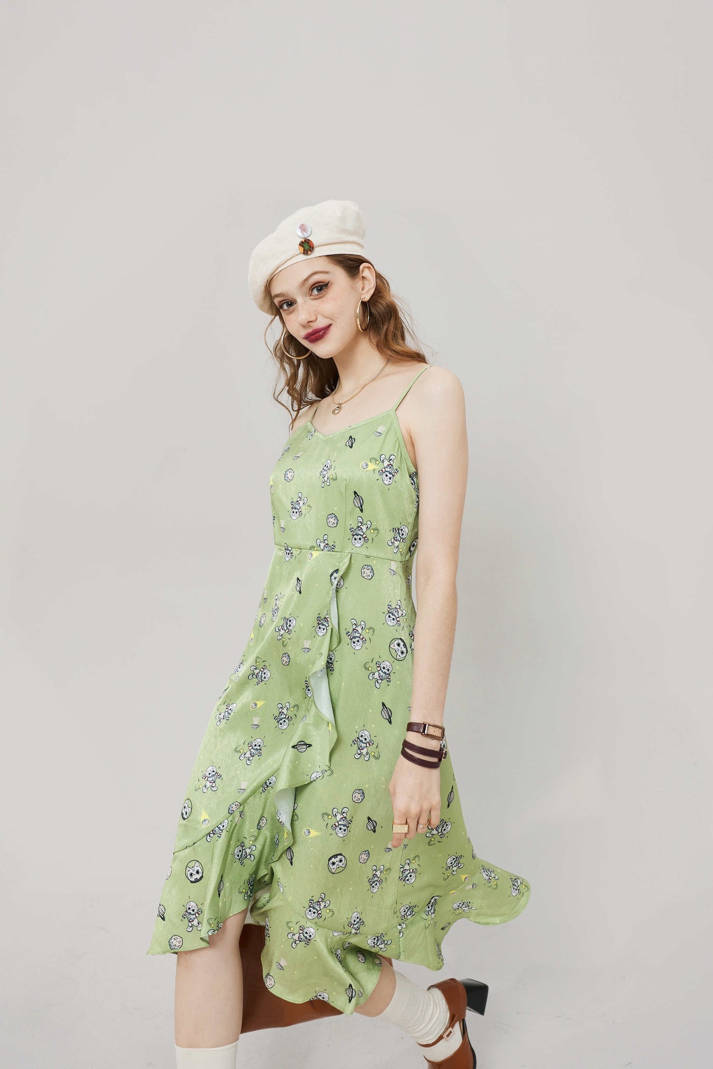 Cartoon Print High Waist Casual Slip Dress