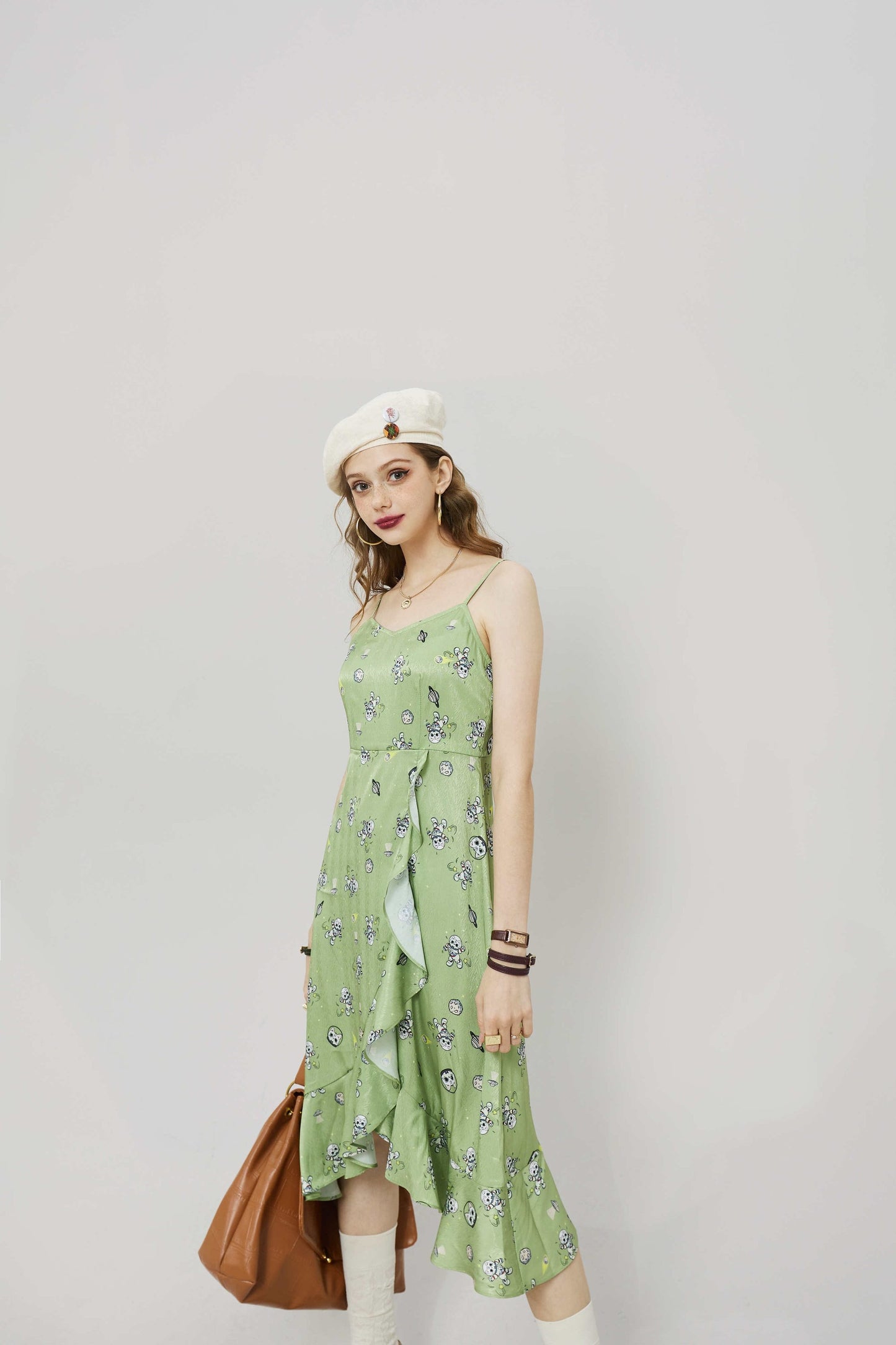 Cartoon Print High Waist Casual Slip Dress