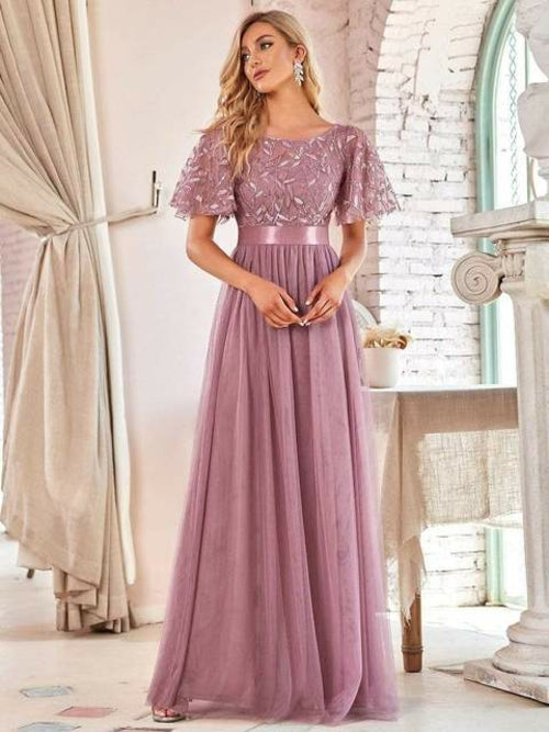 Bridesmaid Dress Women's A Line Sequin Mesh Leaf Sleeve Sheer Skirt