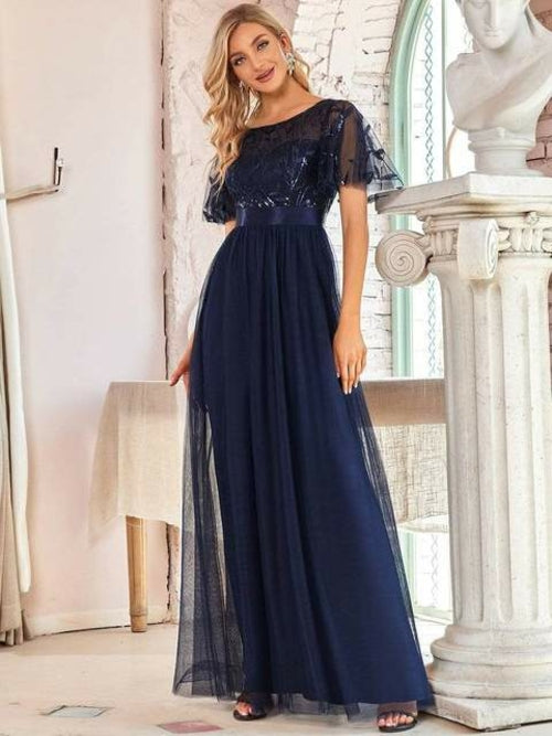 Bridesmaid Dress Women's A Line Sequin Mesh Leaf Sleeve Sheer Skirt