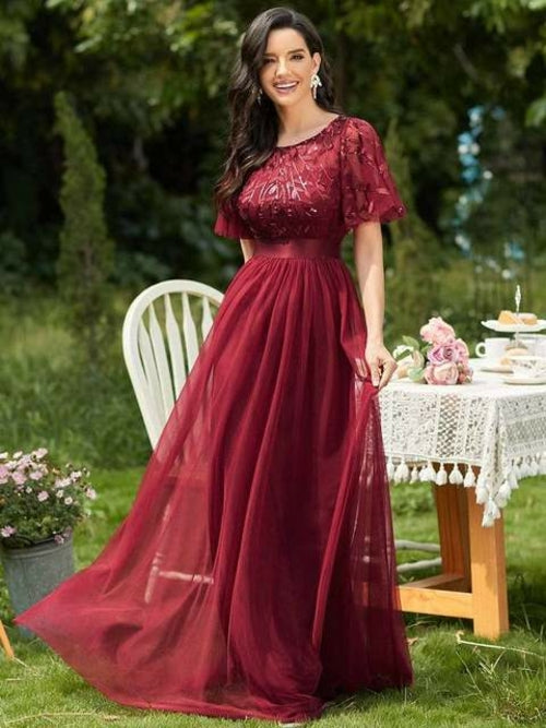 Bridesmaid Dress Women's A Line Sequin Mesh Leaf Sleeve Sheer Skirt