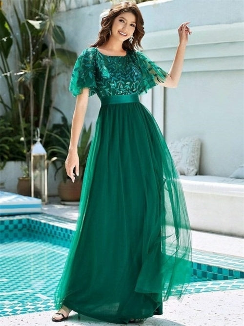 Bridesmaid Dress Women's A Line Sequin Mesh Leaf Sleeve Sheer Skirt