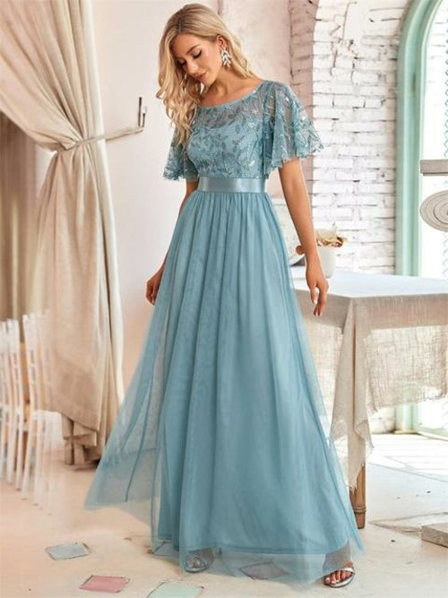 Bridesmaid Dress Women's A Line Sequin Mesh Leaf Sleeve Sheer Skirt