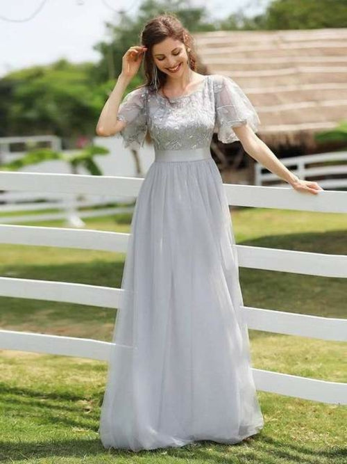 Bridesmaid Dress Women's A Line Sequin Mesh Leaf Sleeve Sheer Skirt