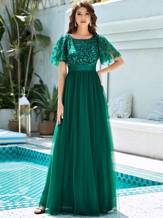 Bridesmaid Dress Women's A Line Sequin Mesh Leaf Sleeve Sheer Skirt