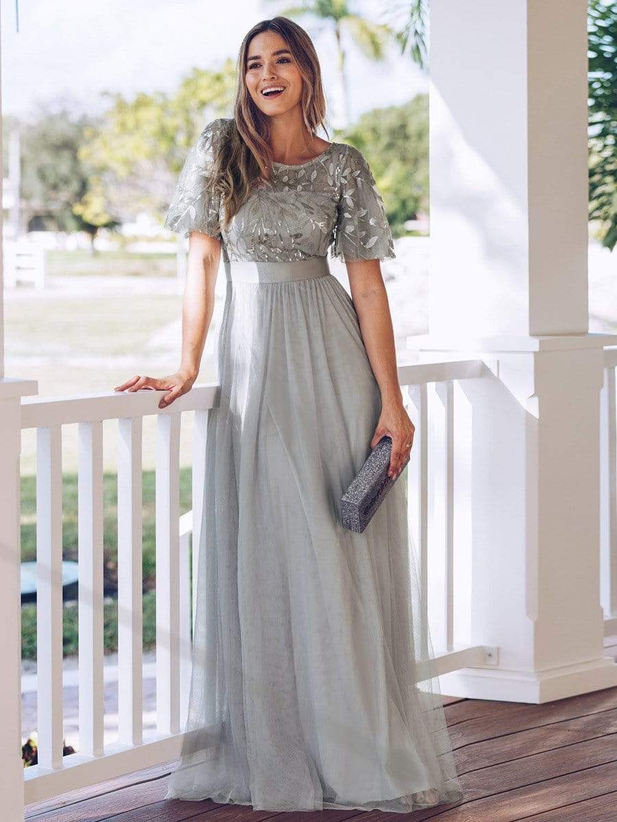 Bridesmaid Dress Women's A Line Sequin Mesh Leaf Sleeve Sheer Skirt