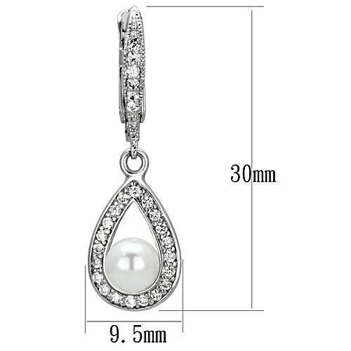 3W344 - Rhodium Brass Earrings with Synthetic Pearl in White