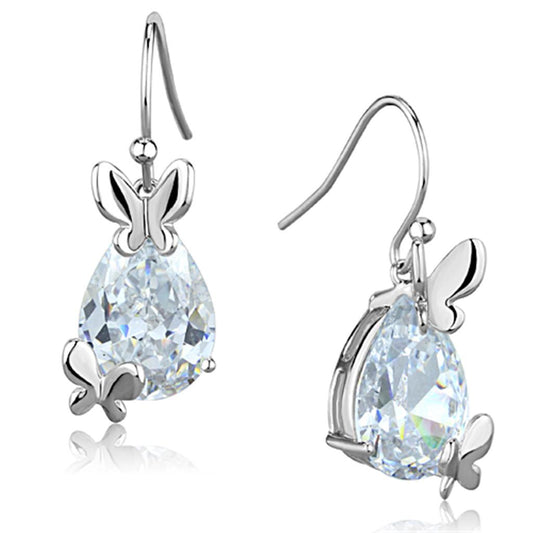 3W622 - Rhodium Brass Earrings with AAA Grade CZ  in Clear