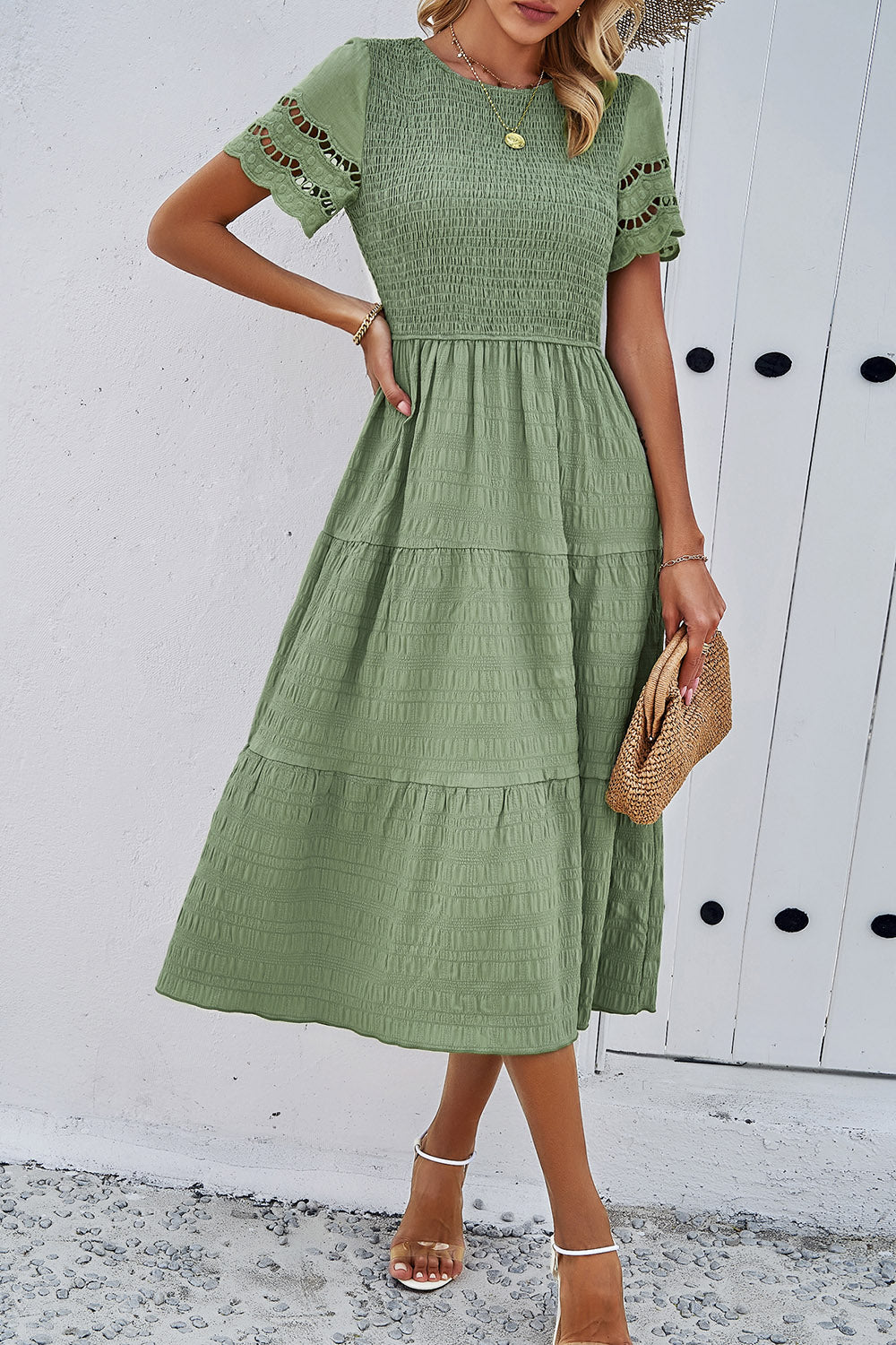 Smocked Round Neck Short Sleeve Midi Dress