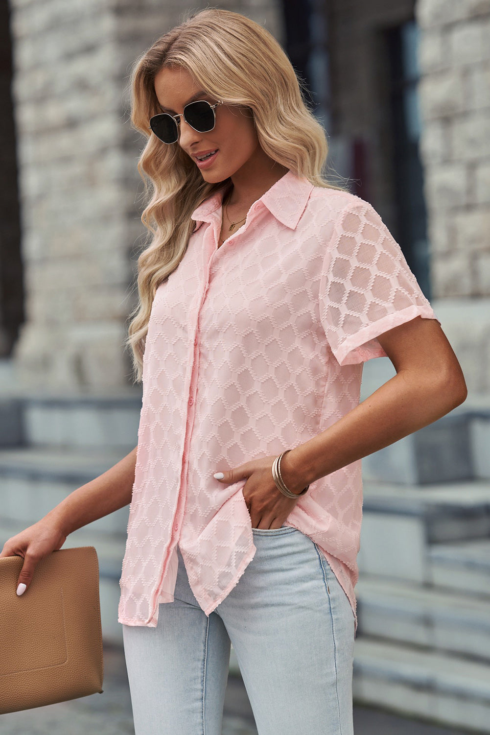 Button Up Short Sleeve Diamond Pattern Shirt