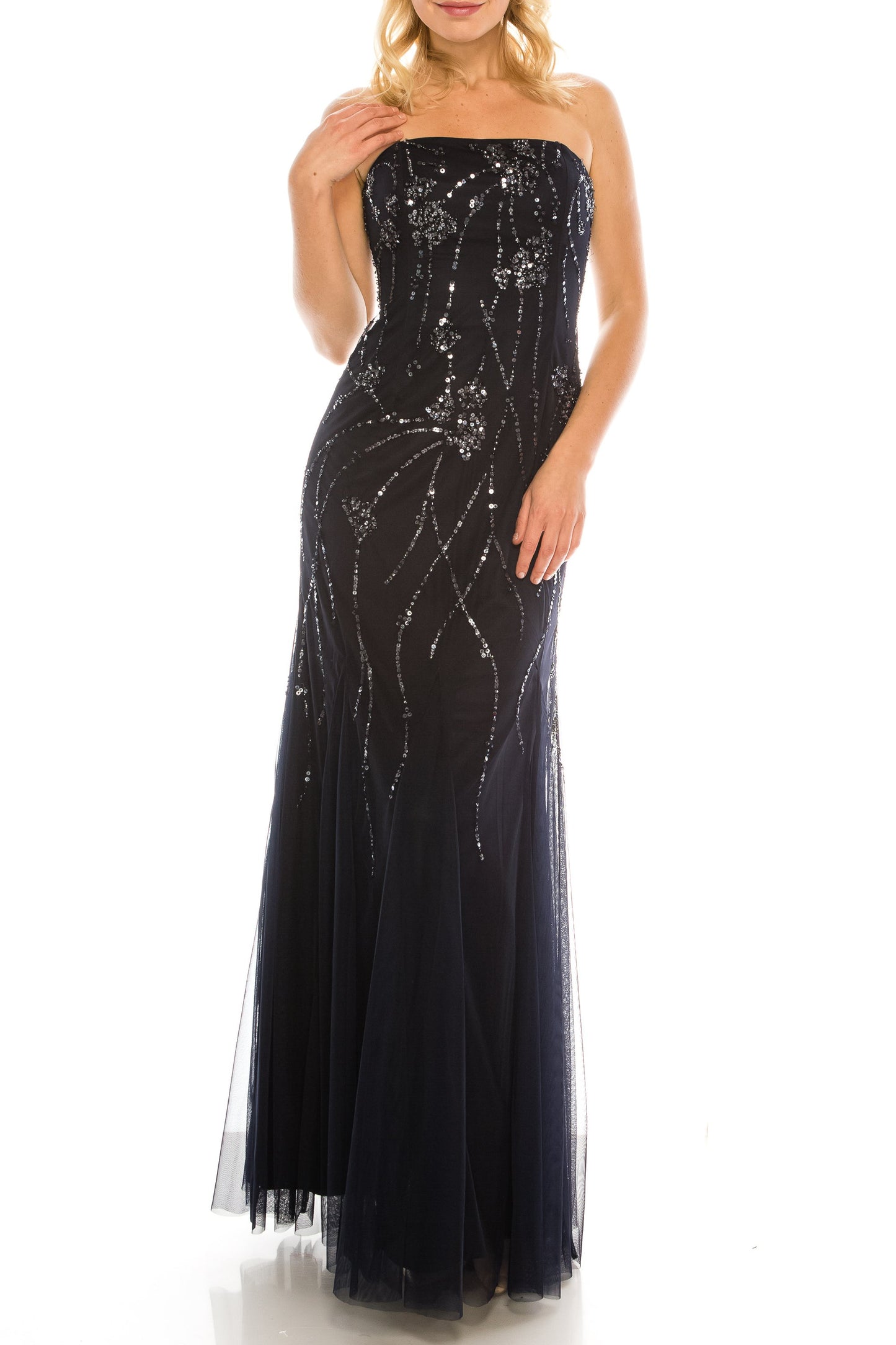 Adrianna Papell Navy Sequined Strapless Evening Gown