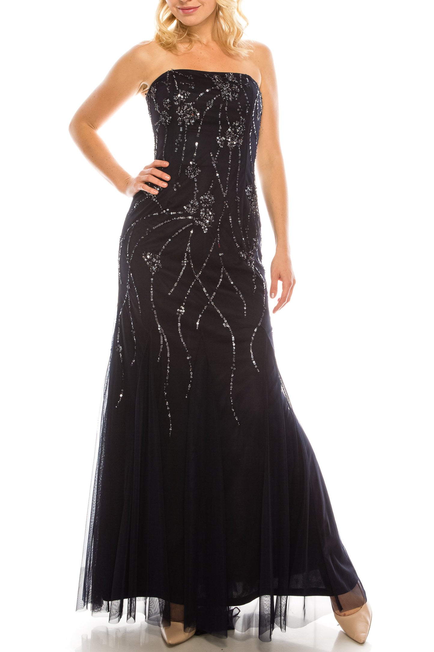 Adrianna Papell Navy Sequined Strapless Evening Gown