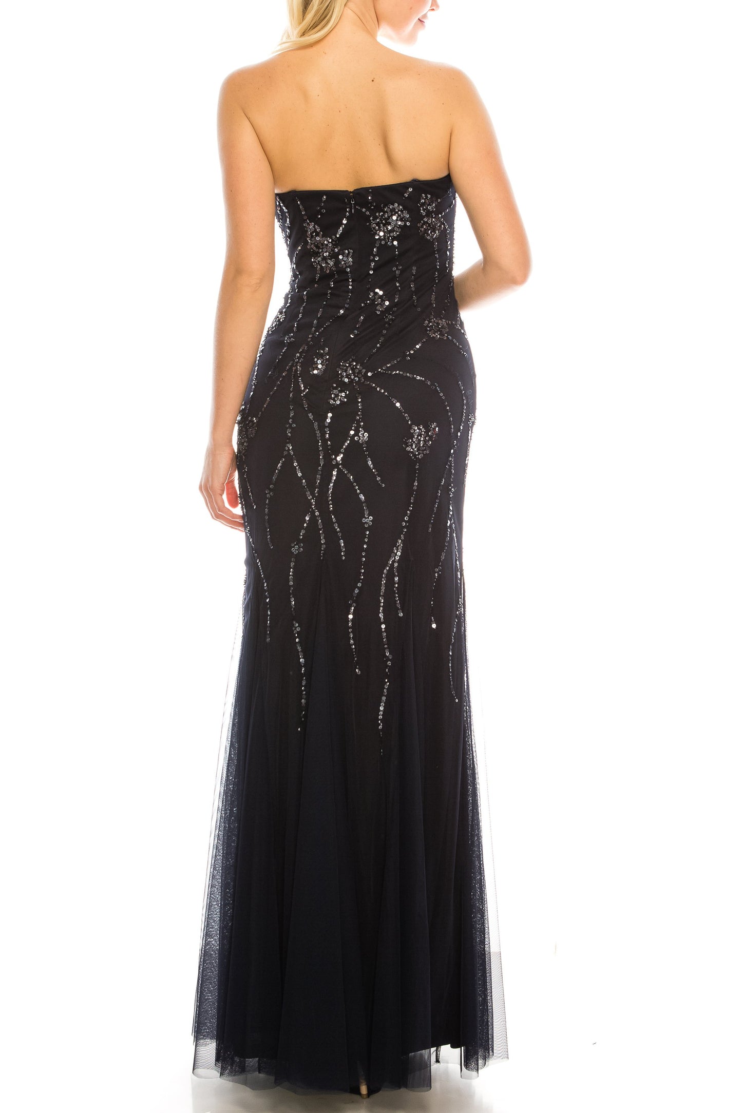 Adrianna Papell Navy Sequined Strapless Evening Gown