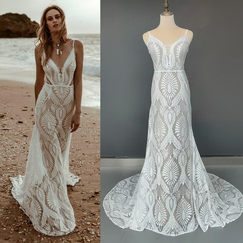 Beach Spaghetti Straps Lace Wedding Gowns Backless Custom Made