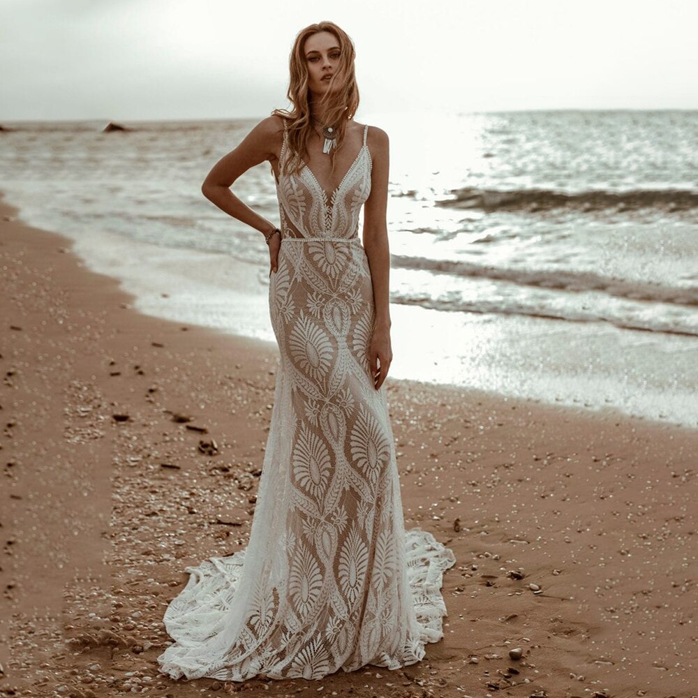 Beach Spaghetti Straps Lace Wedding Gowns Backless Custom Made