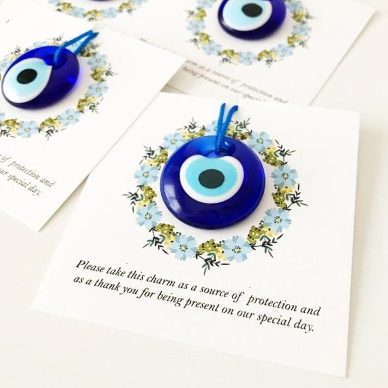 Bulk Greek wedding favors, evil eye with cards