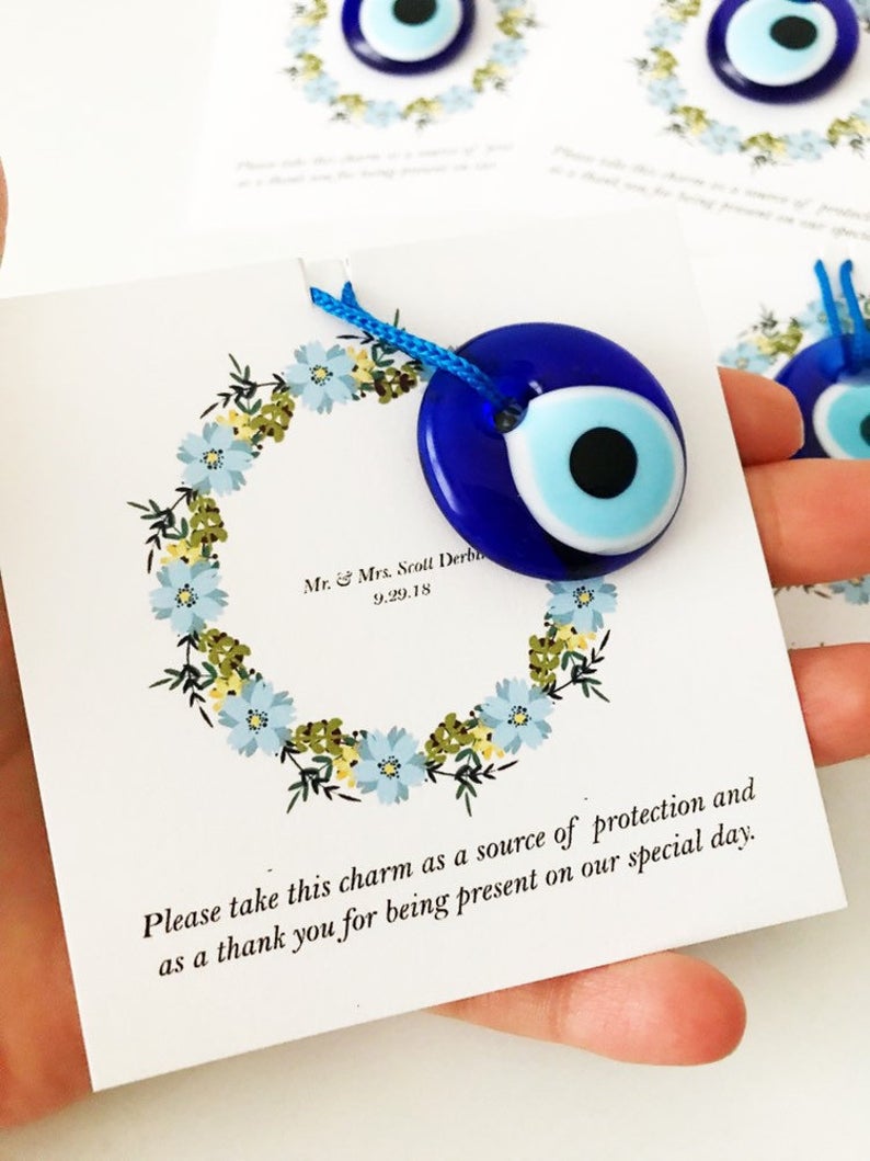 Bulk Greek wedding favors, evil eye with cards