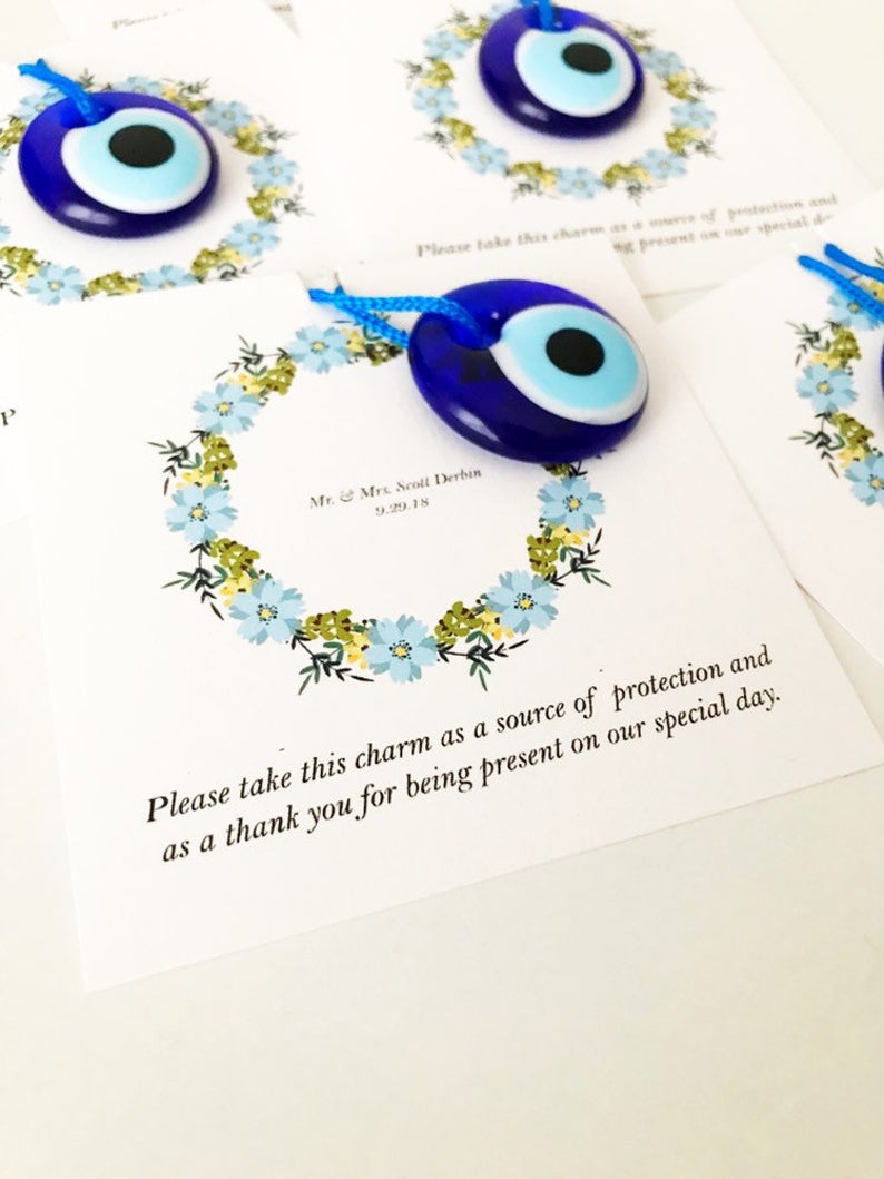 Bulk Greek wedding favors, evil eye with cards