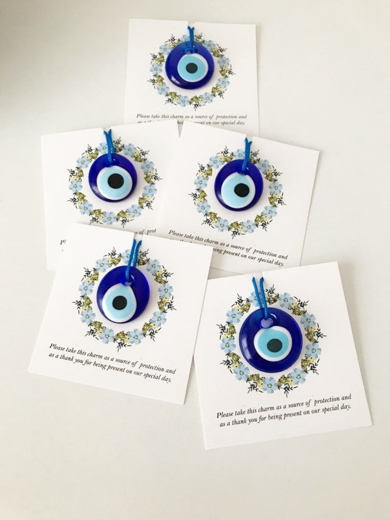 Bulk Greek wedding favors, evil eye with cards