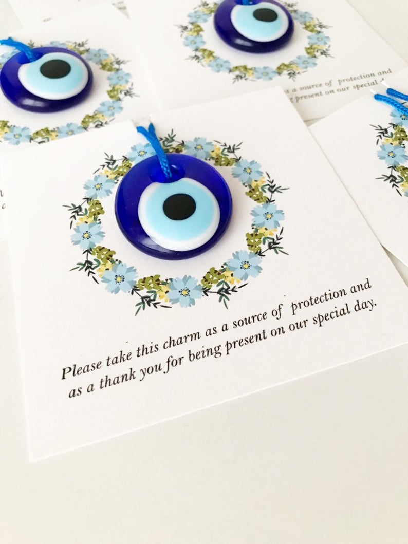 Bulk Greek wedding favors, evil eye with cards