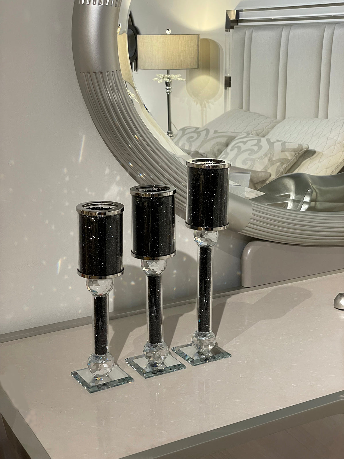 Ambrose 3 Candles Holder Set, Black Crushed Diamonds Glass