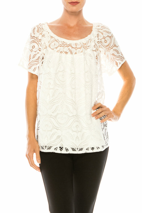 Grand & Greene White Lace Short Sleeve Elastic Boat Neckline Top