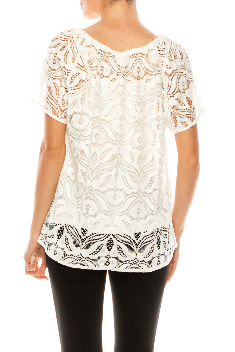 Grand & Greene White Lace Short Sleeve Elastic Boat Neckline Top