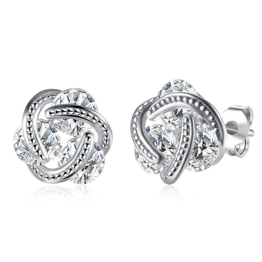 Triple Stone Knot Stud Earring in 18K White Gold Plated with  Crystals