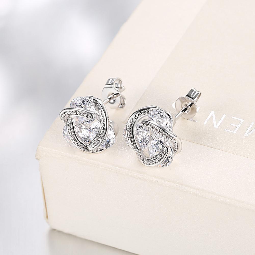 Triple Stone Knot Stud Earring in 18K White Gold Plated with  Crystals