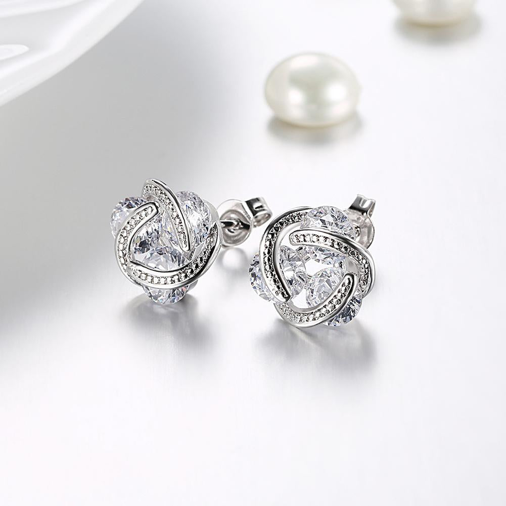 Triple Stone Knot Stud Earring in 18K White Gold Plated with  Crystals