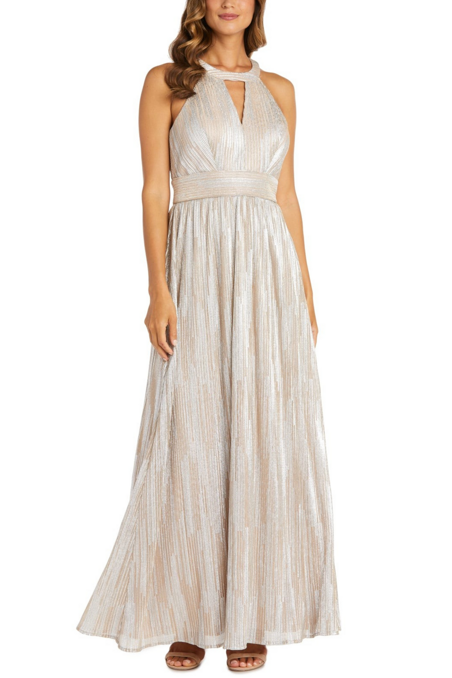 Nightway Champagne Metallic High Neck Peephole Evening Gown