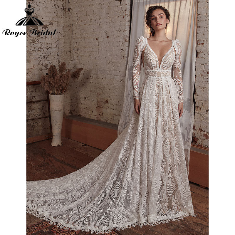 Sexy Bohemian Boho Wedding Dress with Detachable Long Sleeve A Line