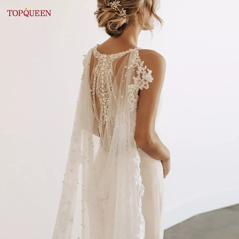 TOPQUEEN G59 Wedding Shawls Lace Jackets for Wedding Dresses with Pearls Cape Veil Wrap for Wedding Dress