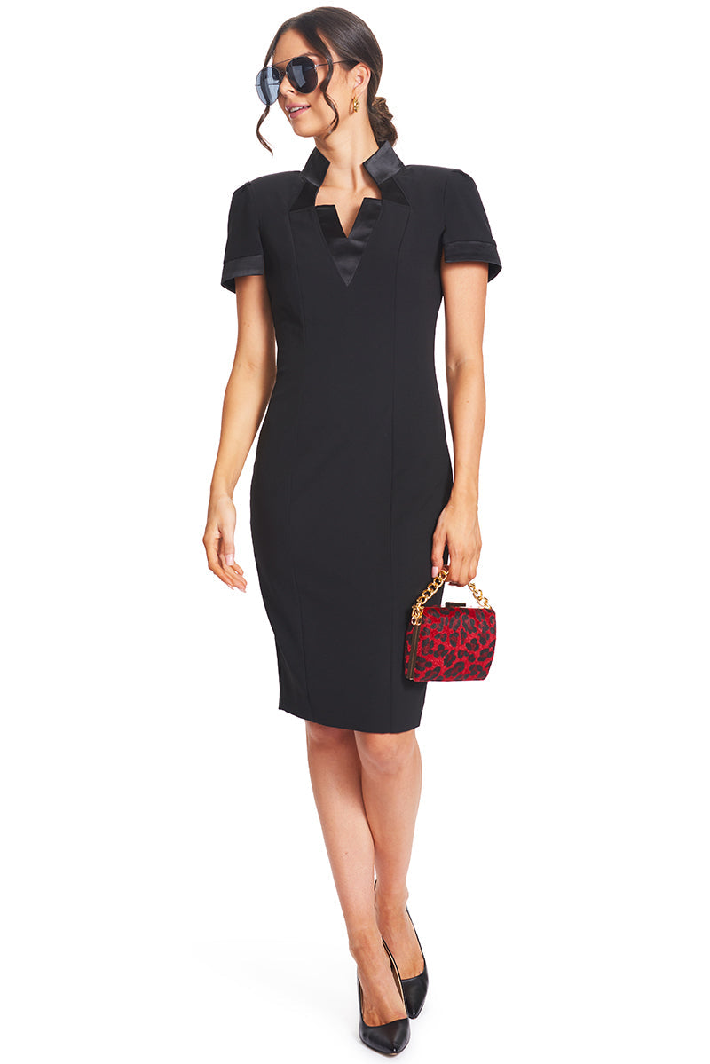 Top Notch Dress - Notch neck high collar sheath dress with contrast