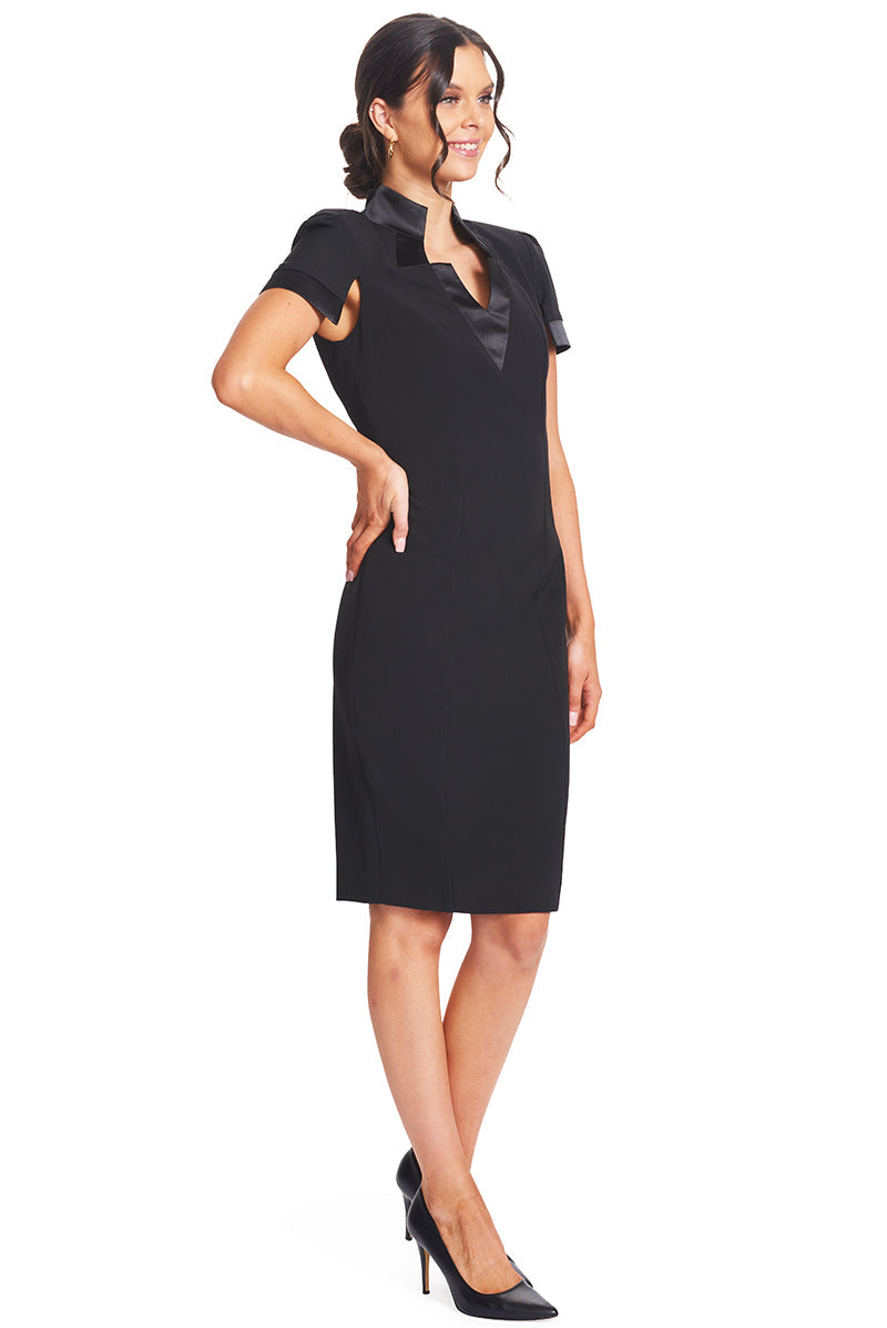 Top Notch Dress - Notch neck high collar sheath dress with contrast