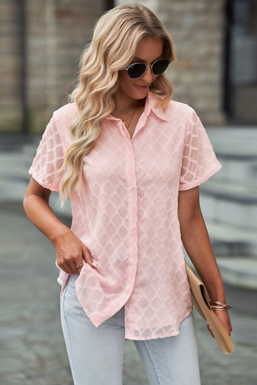 Button Up Short Sleeve Diamond Pattern Shirt